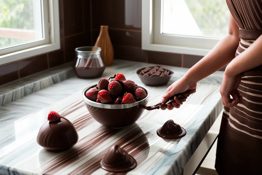 Bandeja de fresas frescas de la feria salteña junto a trozos de chocolate amargo para bombonería casera.