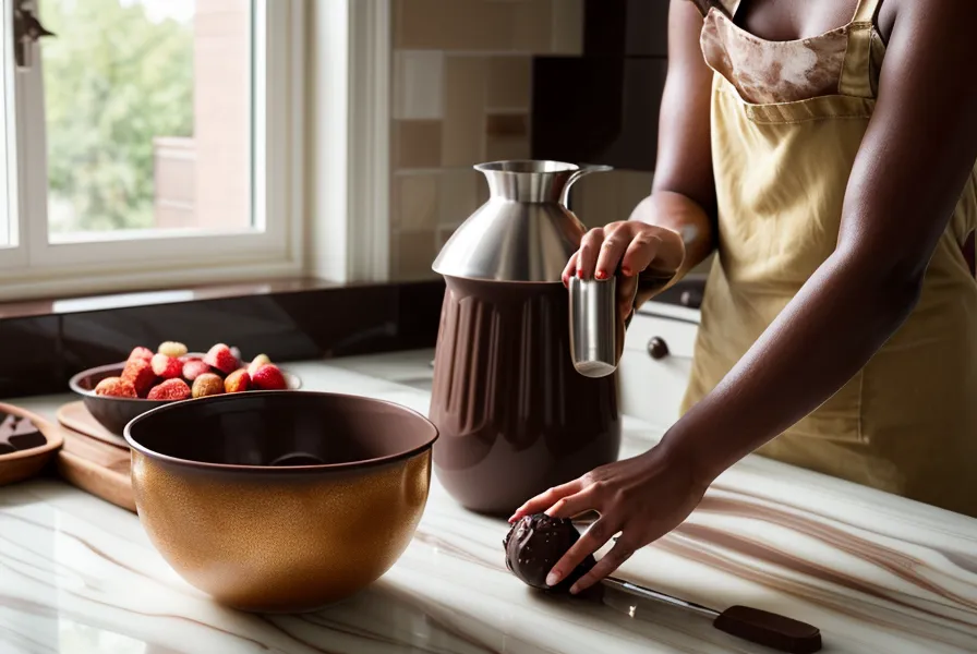 Fresa recién bañada en chocolate templado, con hilos finos de decoración, lista para enfriar.