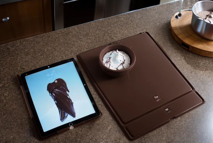 iPad con curso de templado de chocolate y termómetro de cocina en la mesada