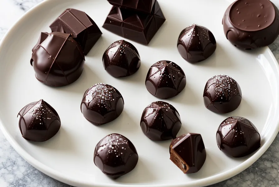 Bombones de chocolate recién desmoldados, tanda dejada a temperatura ambiente en la mesada