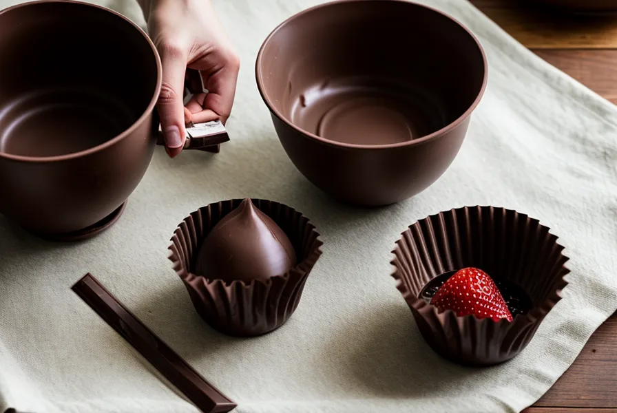 Cómo conservar el chocolate templado sobrante sin que pierda calidad: chocolate templado recién desmoldado, firme y brillante sobre la mesada