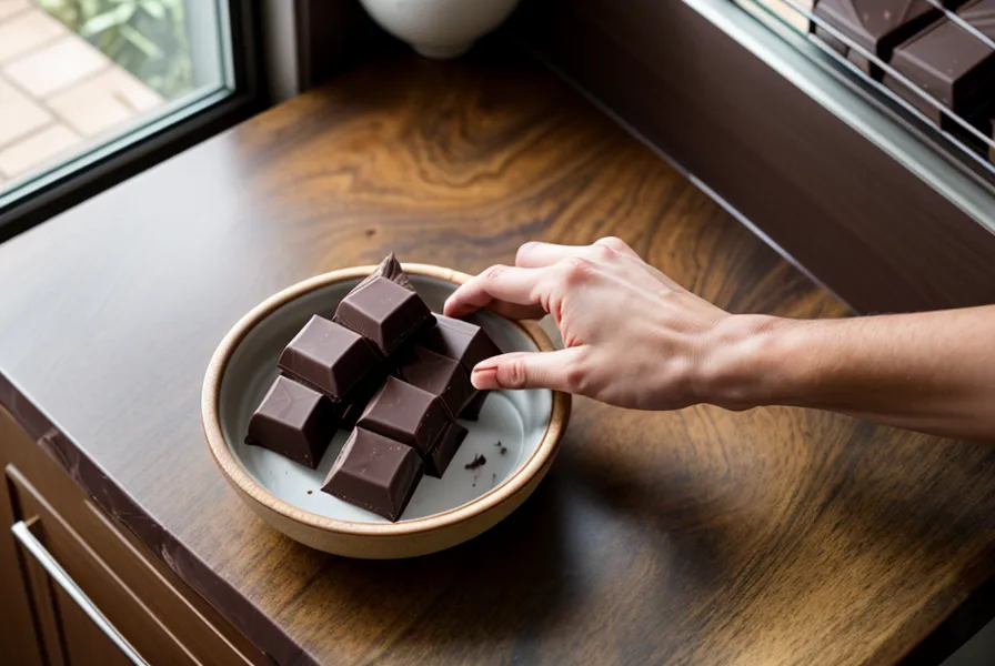 Chocolate templado con vetas grises por mala conservación en la heladera, resto de bombones caseros que perdió el brillo