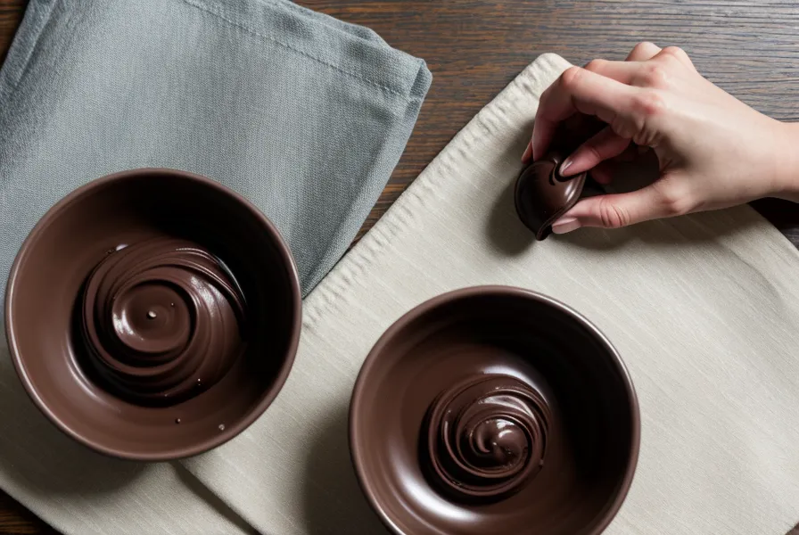 Chocolate templado derretido extendiéndose sobre papel manteca para armar una tableta fina de conservación