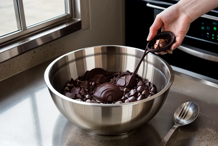 Controlando la temperatura del chocolate con un termómetro digital en la cocina.