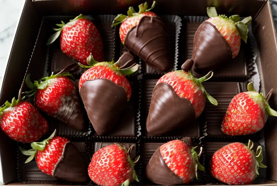 Arreglo final de fresas con chocolate en una caja de regalo artesanal.
