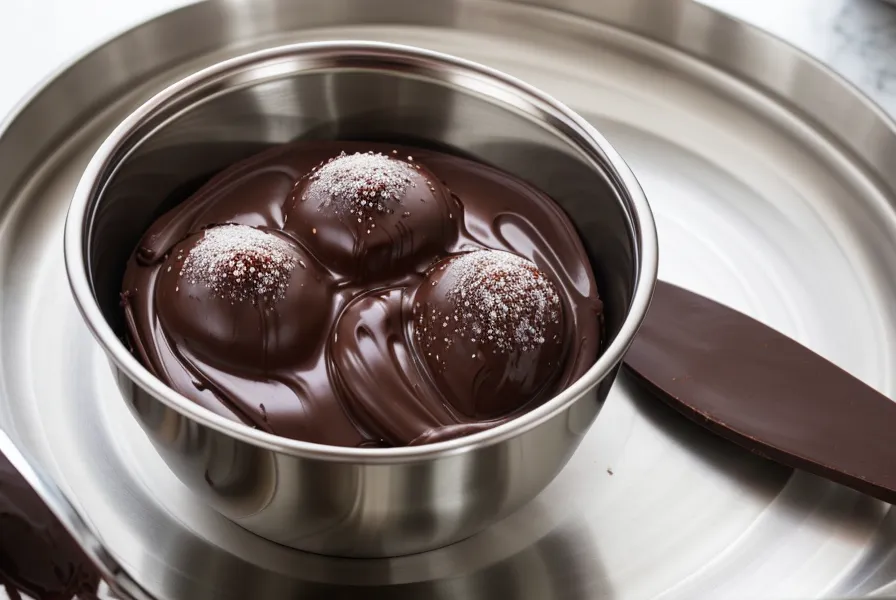 Chocolate derretido liso siendo revuelto suavemente con una espátula para evitar el aire.