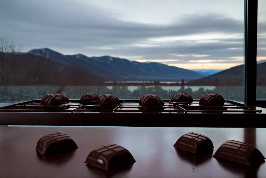 Bombones de chocolate terminados, brillantes y sin burbujas, sobre una rejilla en la cocina.