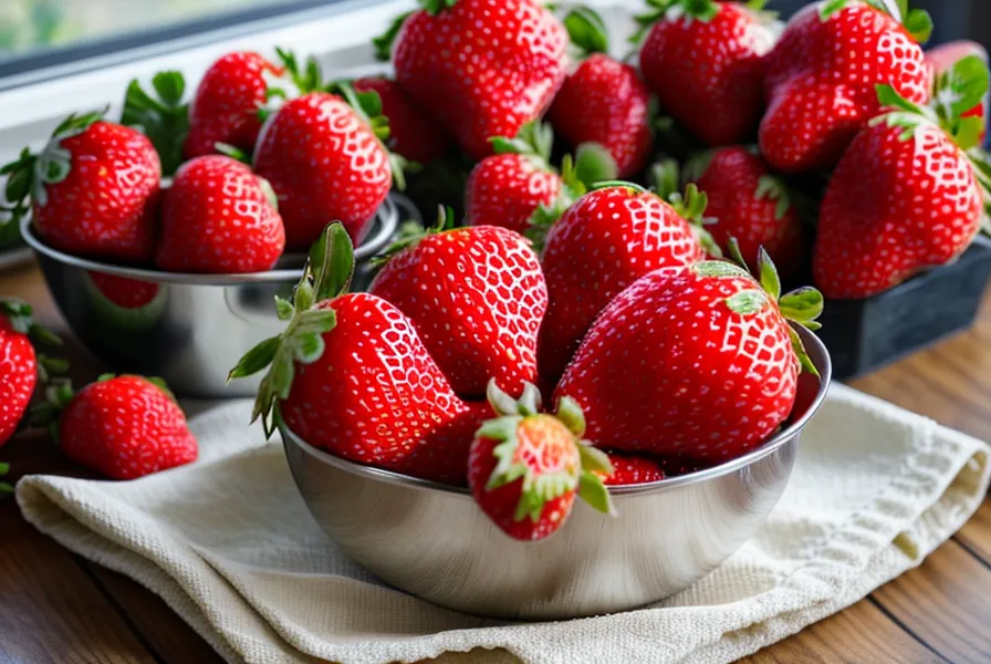 Fresas recién compradas en el mercado, elegidas por el cabito verde antes de bañarlas en chocolate