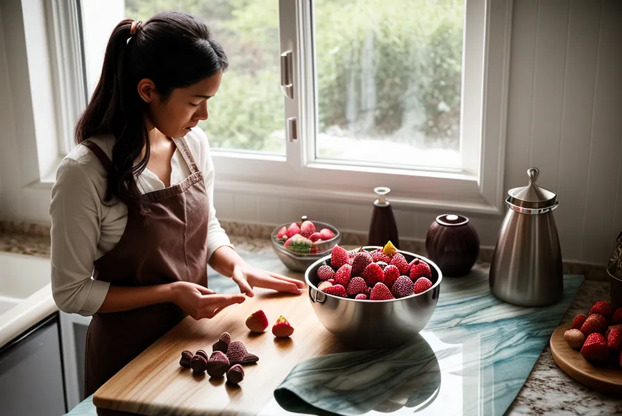 Fresa bañándose en chocolate templado para un arreglo de fresas artesanal