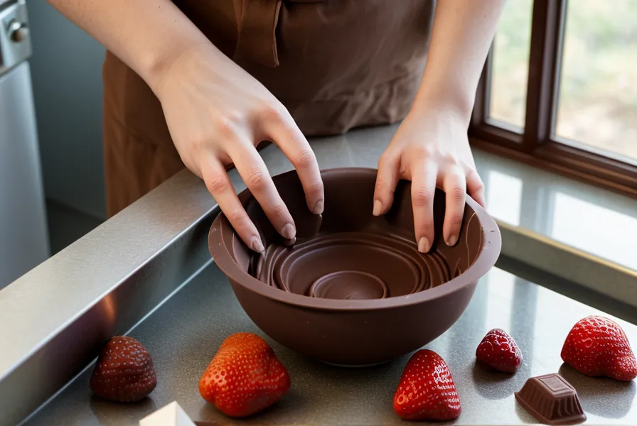Templado de chocolate en microondas para fresas con chocolate caseras, bol y espátula sobre la mesa de la cocina