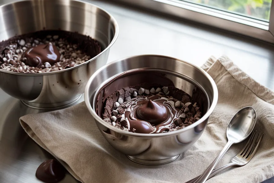 Primer plano de chocolate con textura granulosa y fresas húmedas en una cocina hogareña.