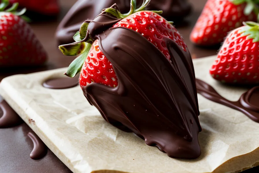 Fresa bañada en chocolate con un brillo de espejo perfecto sobre papel manteca.