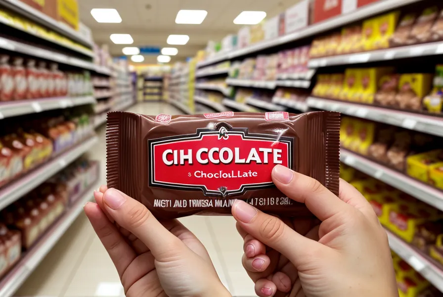 Dedo señalando la lista de ingredientes en una etiqueta de chocolate de supermercado