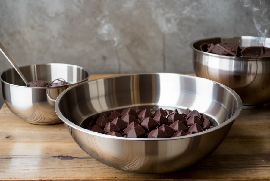 Chocolate derritiéndose a baño maría con un termómetro marcando la temperatura ideal