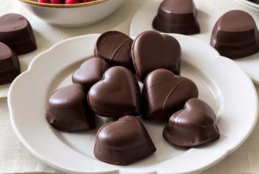 Bombones de chocolate terminados en un plato con uno de ellos partido a la mitad