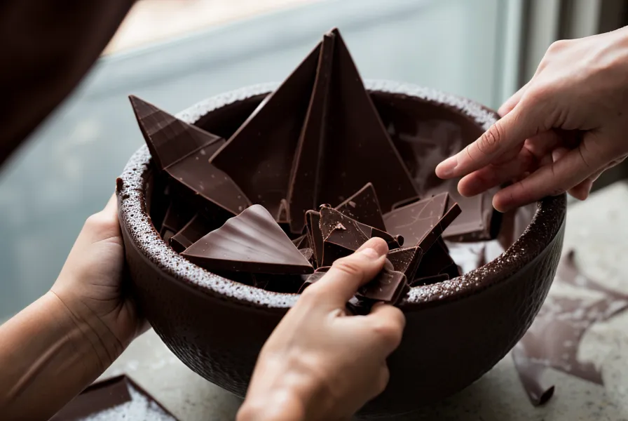Manos agregando trozos de chocolate sólido a chocolate fundido para el método de sembrado.