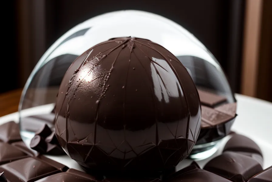 Bombón de chocolate brillante saliendo de un molde de policarbonato sobre una mesa de madera.