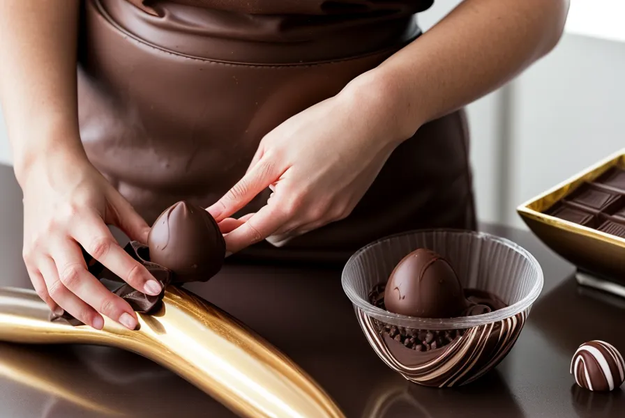 manos bañando una fresa en chocolate sujetándola por las hojas verdes